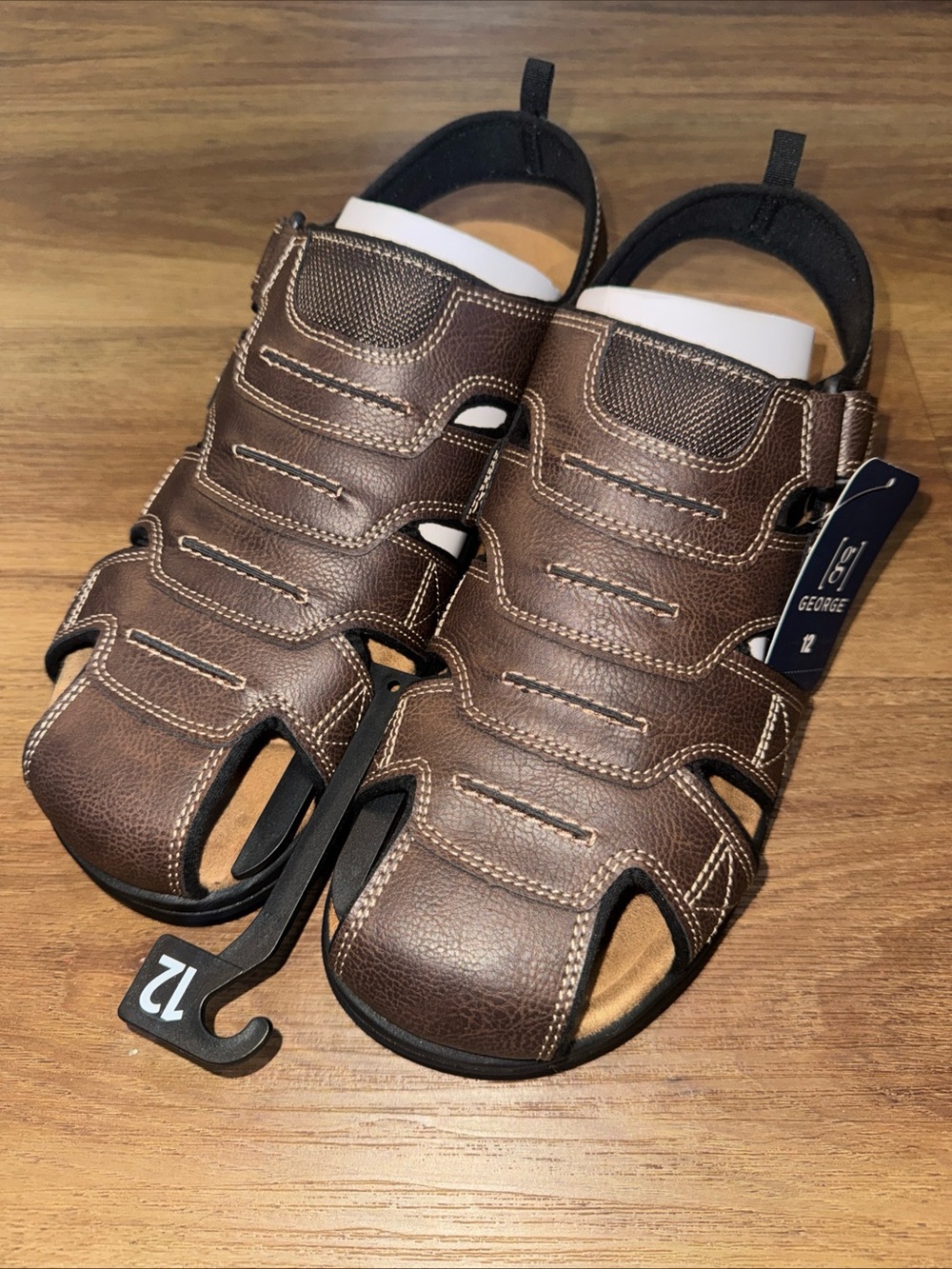 George Men's Leather Slip-On Sandals Casual Logo Brown Solid US 12